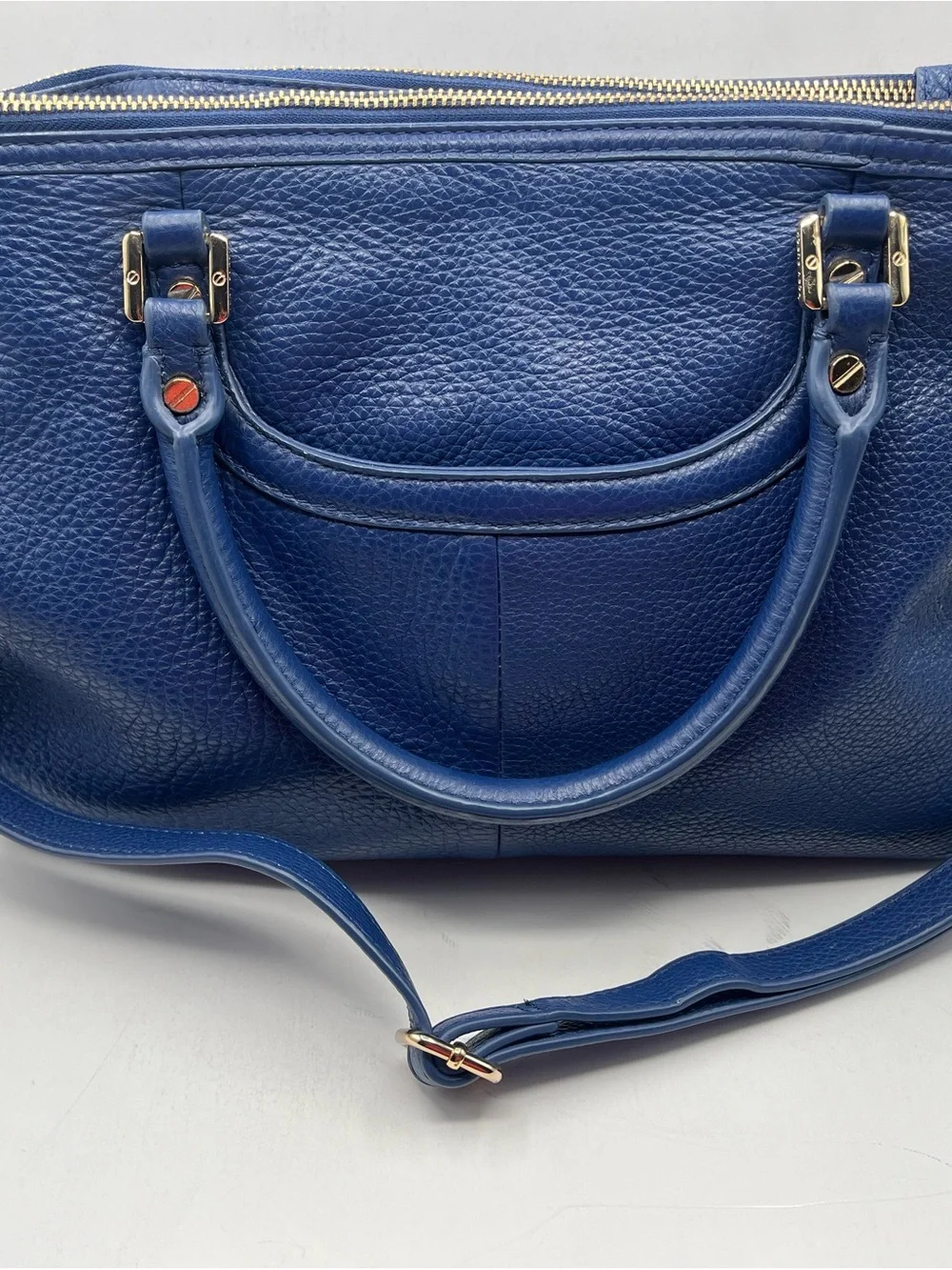 Tory Burch Navy Blue Pebbled Leather Satchel with Logo Medallion